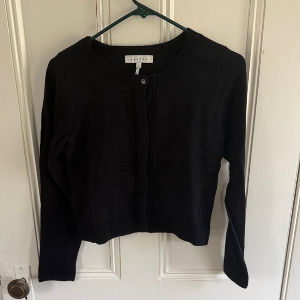 Sandro Black Button-Up Ribbed Crewneck Cardigan